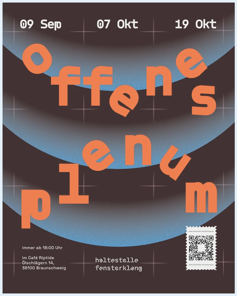 Poster with dark background, blue-grey waves, orange text 'Offenes Plenum', dates 09 Sep, 07 Okt, 19 Okt, QR code, café venue info.