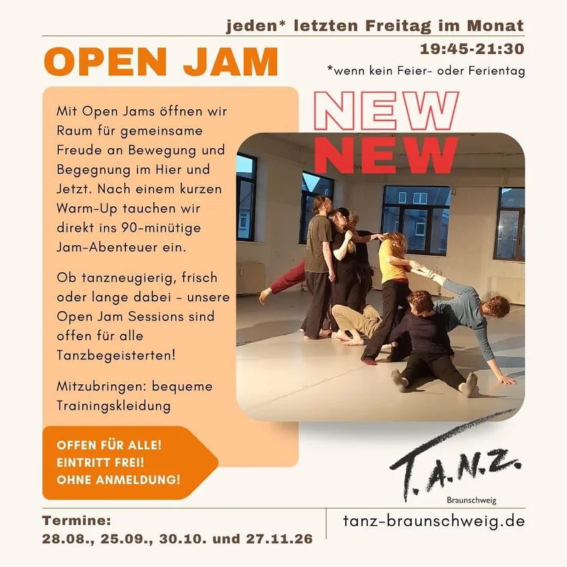 German flyer, orange bg, 'OPEN JAM', 90‑min jam, free, 28‑08‑27‑11, 19:45‑21:30, dancers photo, T.A.N.Z. logo