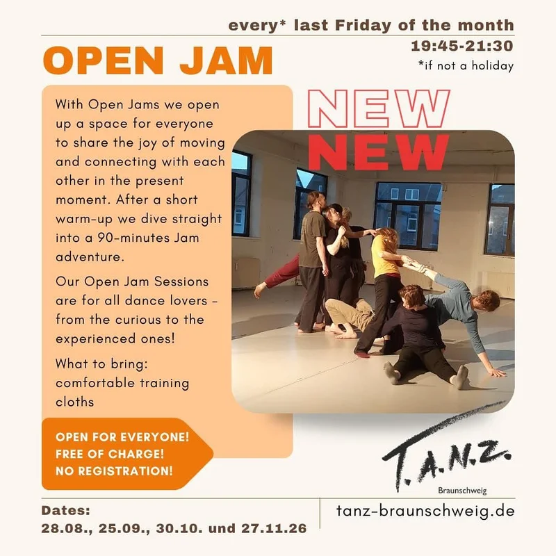 English flyer, white bg, 'OPEN JAM', 90‑min jam, free, 28‑08‑27‑11, 19:45‑21:30, dancers photo, T.A.N.Z. logo