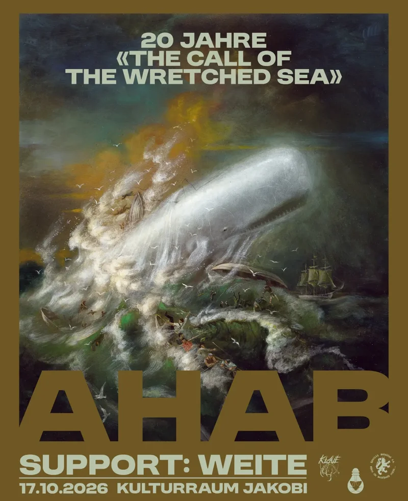 Poster shows a white whale breaching, ships and swimmers, with bold text 'AHAB' and event details.