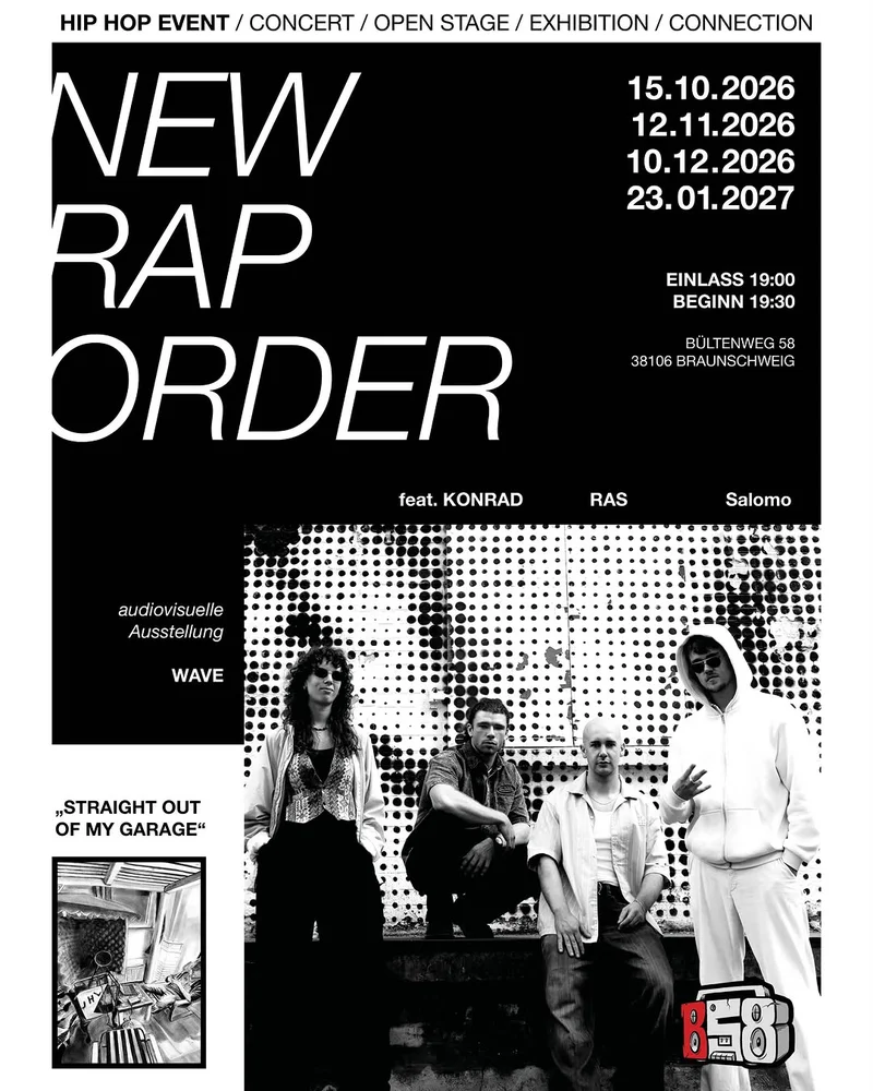 Black and white flyer: NEW RAP ORDER, dates Oct 2026-Jan 2027, four performers posing, bold white text on black, hip hop aesthetic