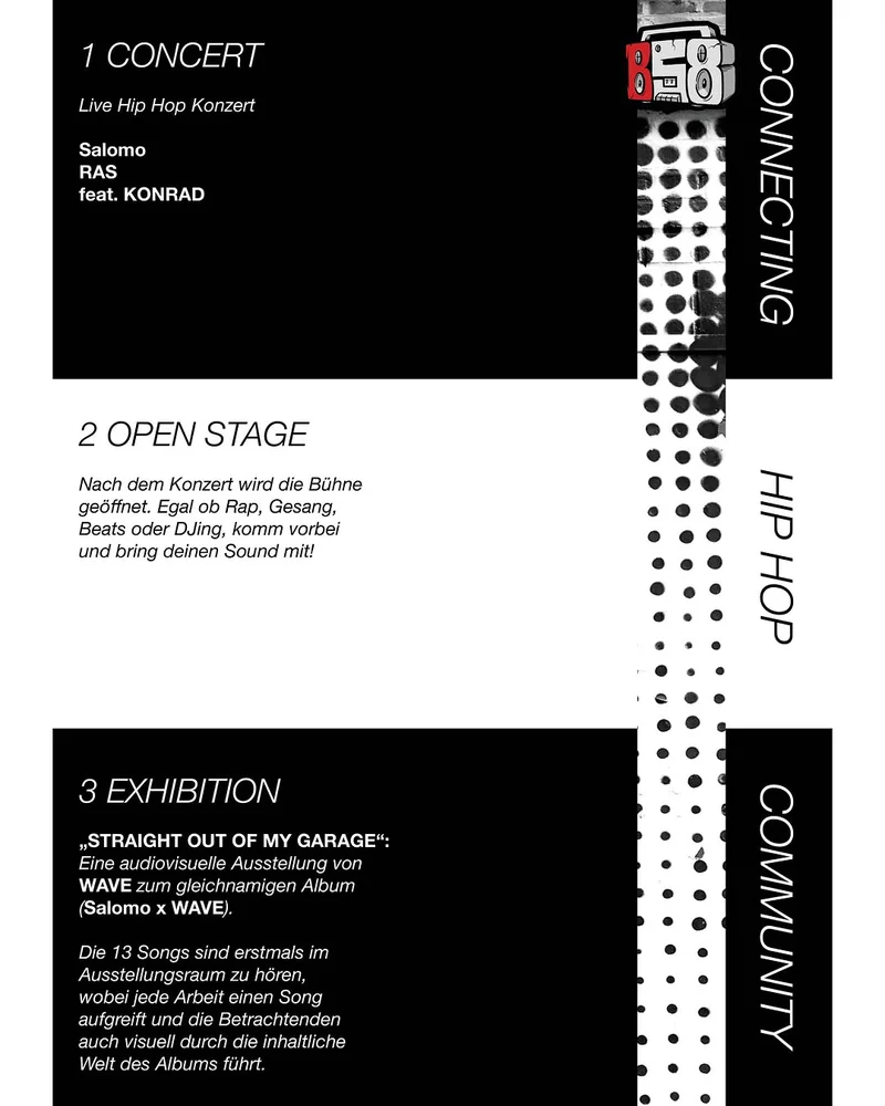 Black and white flyer: three sections listing Concert, Open Stage, Exhibition, with dotted vertical strip and B58 boombox logo
