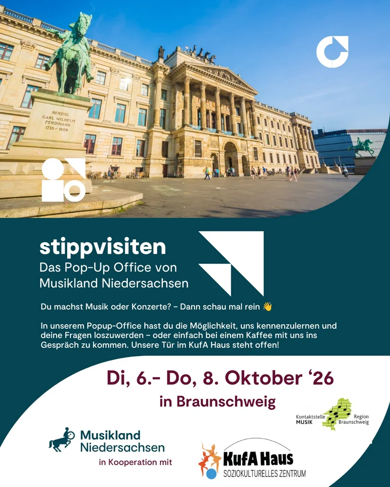 Historic building with green equestrian statue, blue sky, people walking, white logo in corner.