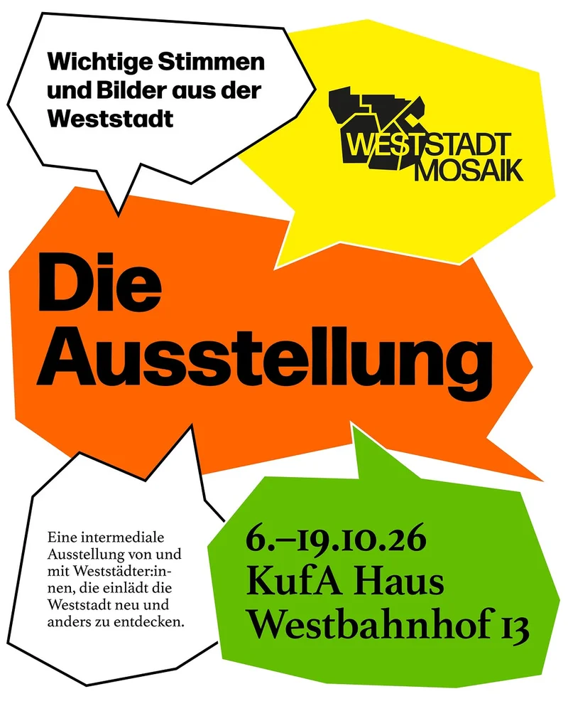 Poster with speech bubbles announcing 'Die Ausstellung' at KufA Haus, Westbahnhof 13, 6.-19.10.26.