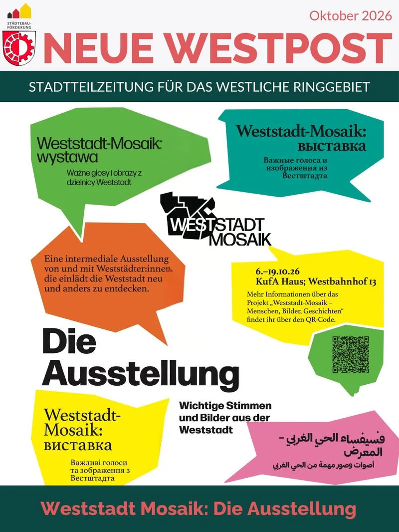 Flyer with multilingual bubbles, QR code, exhibition 6–19 Oct 2026, venue KufA Haus Westbahnhof 13.