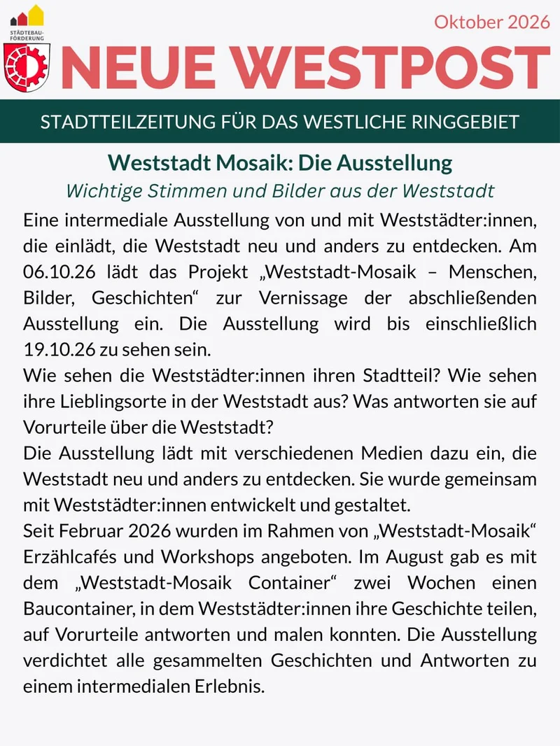 Text page detailing Weststadt Mosaik exhibition dates, venue, opening, and sponsors.