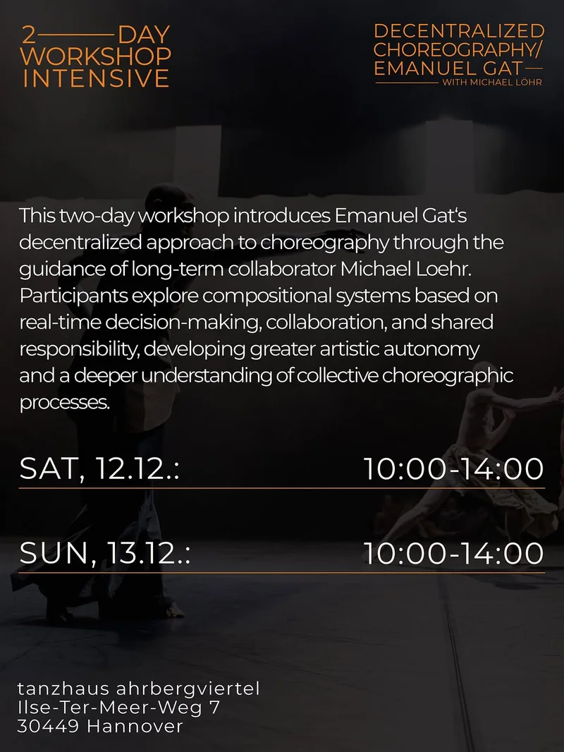 Flyer detailing workshop, schedule Sat 12 Dec 10-14, Sun 13 Dec 10-14, venue Tanzhaus Ahrbergviertel, Hannover