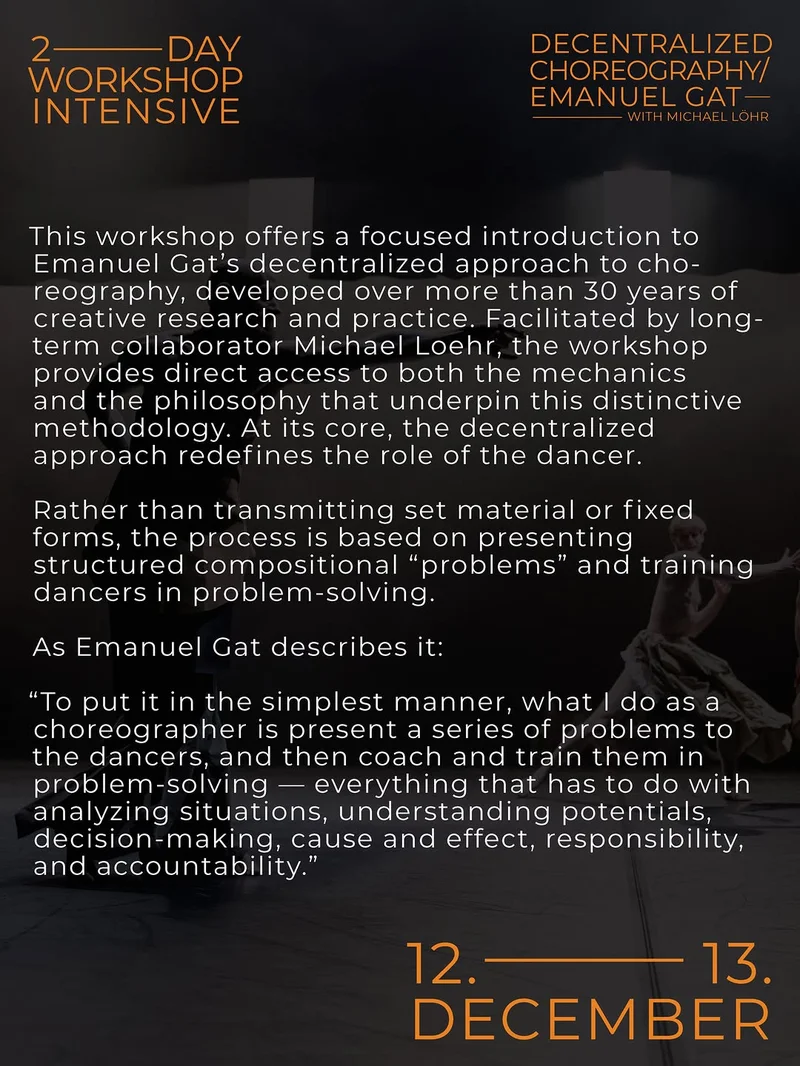 Poster with workshop description, Emanuel Gat quote, dates 12.-13 December