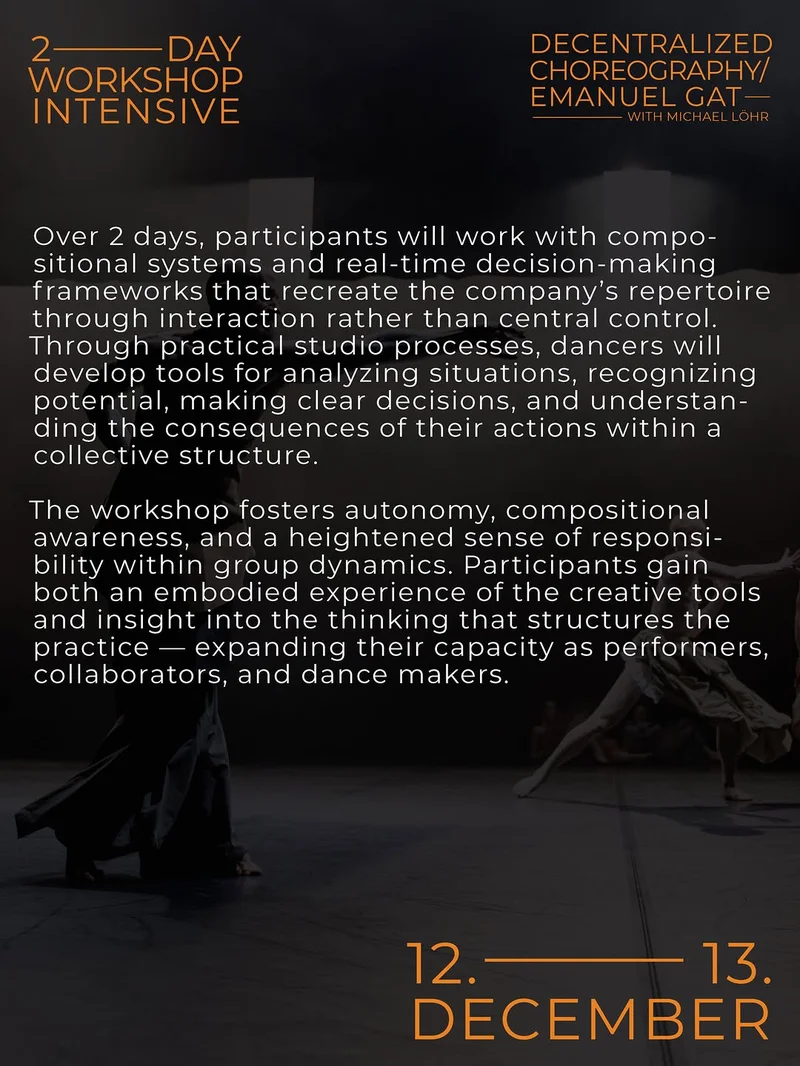 Poster with title '2-DAY WORKSHOP', dancers, text 'DECENTRALIZED CHOREOGRAPHY/ EMANUEL GAT', dates '12.-13. DECEMBER'