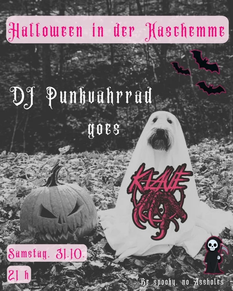 Black‑white forest, pumpkin, ghost dog in sheet, bats, pink 'Halloween in der Kaschemme' text, DJ logo, grim reaper.