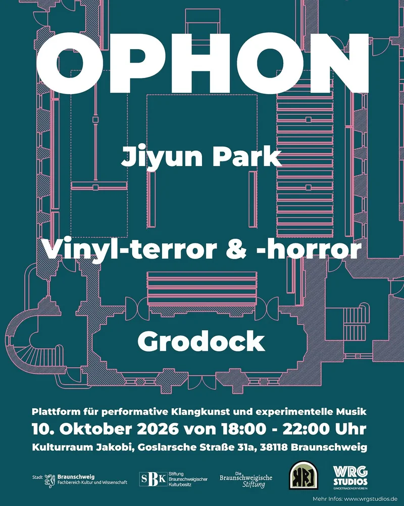 Teal poster, pink line drawing, white text OPHON event, 10.10.2026, 18‑22, venue address.