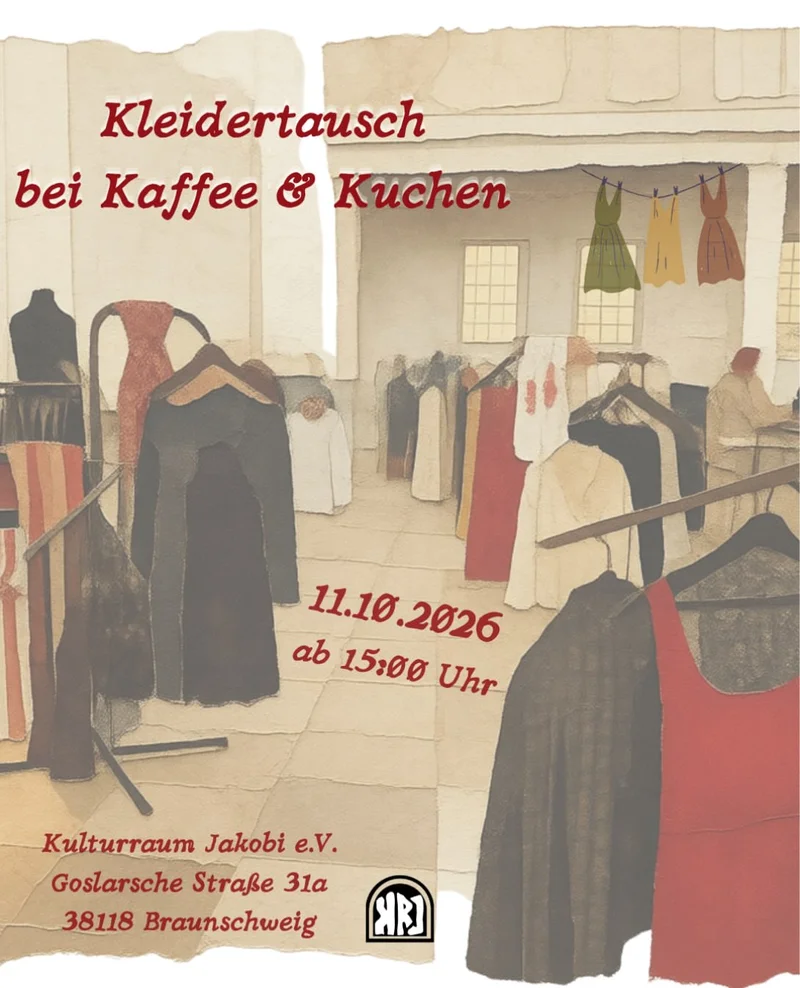 Illustration of clothing racks and hanging dresses, red text 'Kleiderdeausch bei Kaffee & Kuchen', date 11.10.2026, venue Kulturraum Jakobi e.V., Braunschweig.