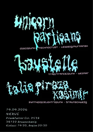 Black flyer with turquoise dripping gothic band names and pink genre tags, white event details at bottom.