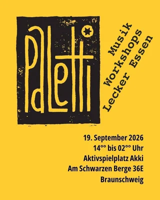 Yellow flyer with black Paletti logo and event details for 19 Sept 2026 in Braunschweig
