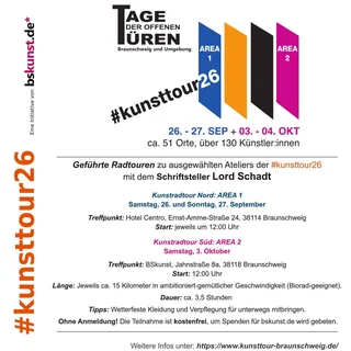 Flyer with #kunsttour26 logo, dates 26.-27 Sep + 03.-04 Oct, 51 locations, 130 artists, bike tour start at Hotel Centro.