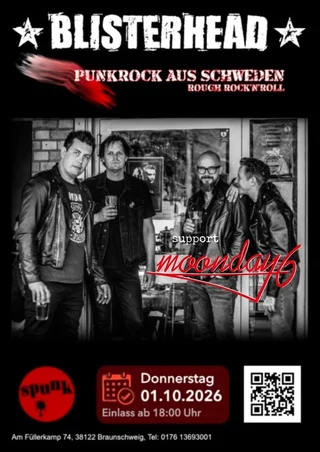 Black and white poster for Blisterhead punk rock concert, band photo, event details for 01.10.2026 at Spunk.