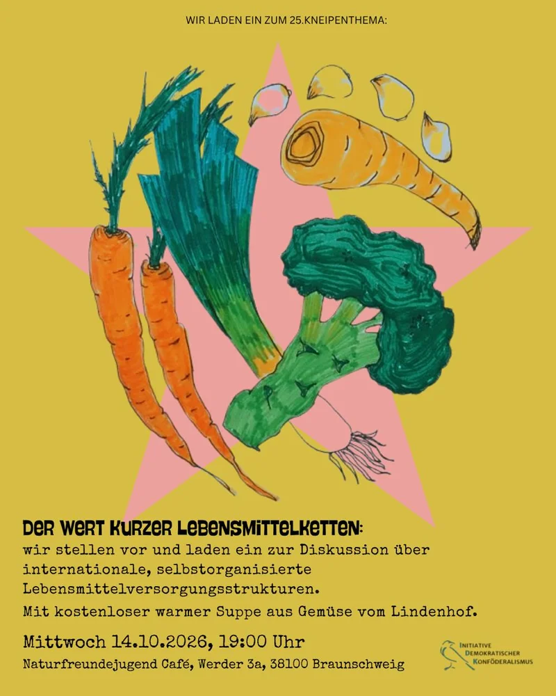Yellow background with pink star, hand‑drawn carrots, leeks, broccoli; black German text announcing 25th Kneipenthema, date 14.10.2026, venue Naturfreunde Café.