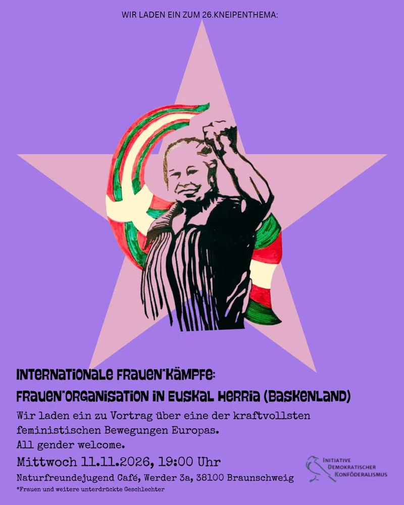 Poster with purple background, large pink star, illustration of raised fist and colorful ribbon, German text announcing 26th Kneipenthema, event details.