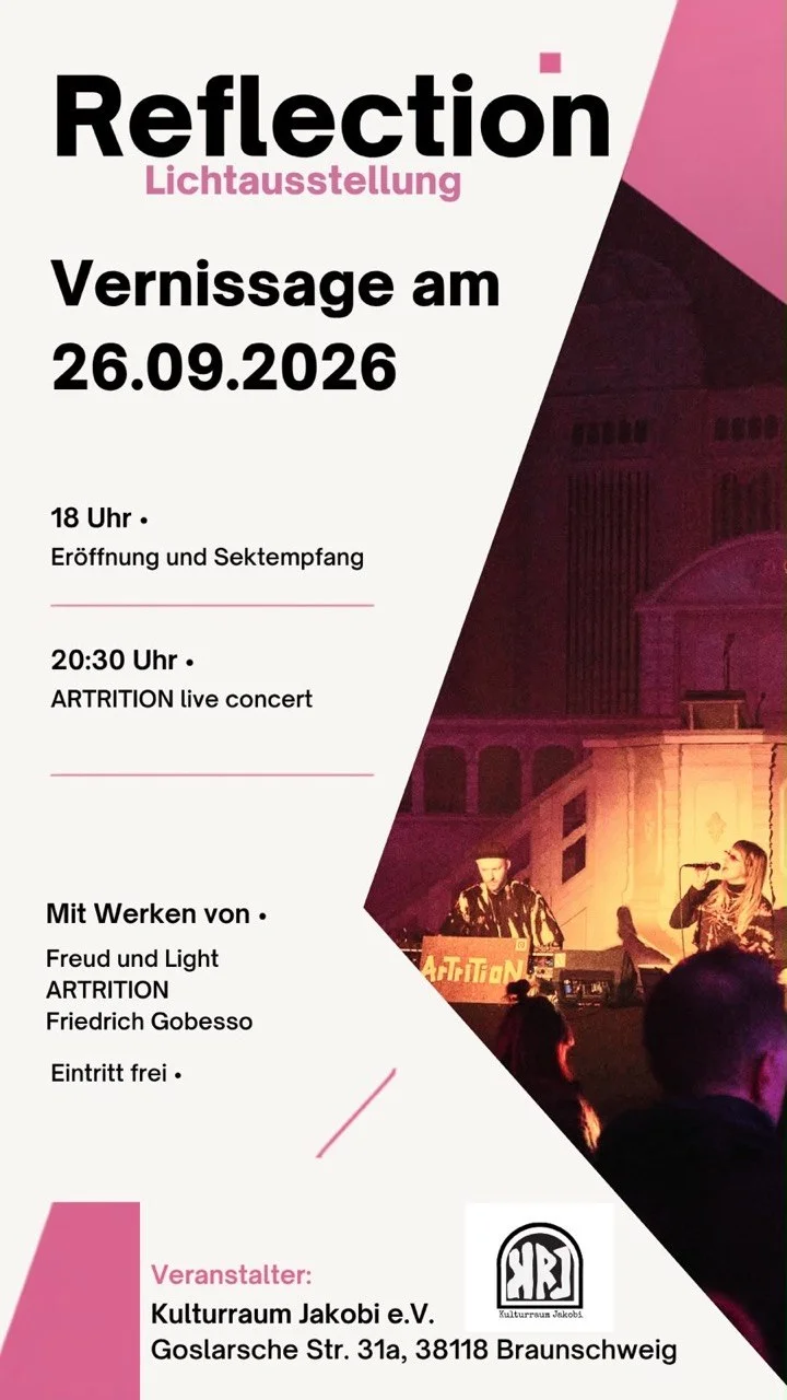 Pink‑white flyer displaying 'Reflection Lichtausstellung' Vernissage 26.09.2026, 18:00 opening, 20:30 concert, free entry, Kulturraum Jakobi, Braunschweig.