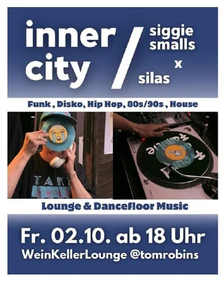 Blue flyer reading 'inner city, siggie smalls x silas' with genres Funk, Disco, Hip Hop, 80s/90s, House; photo of DJ holding vinyl.