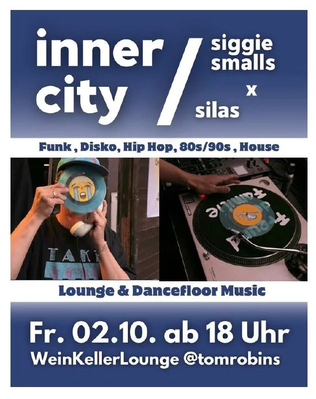 Blue flyer reading 'inner city, siggie smalls x silas' with genres Funk, Disco, Hip Hop, 80s/90s, House; photo of DJ holding vinyl.
