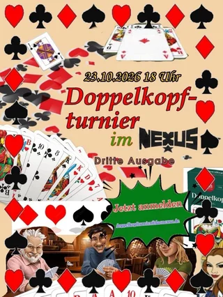 Colorful card-game flyer with suits, cartoon players, 'Doppelkopfturnier im NEXUS' text on beige background