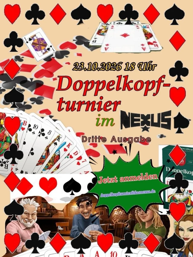 Colorful card-game flyer with suits, cartoon players, 'Doppelkopfturnier im NEXUS' text on beige background