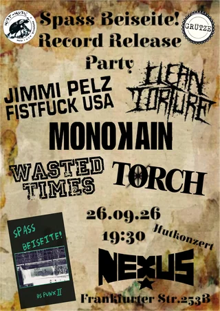 Event flyer on grungy beige background with band names, date 26.09.26, venue Nexus and address Frankfurter Str. 253B
