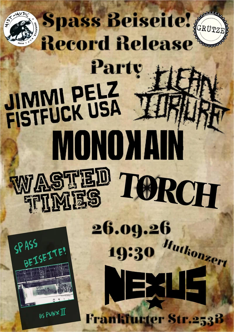 Event flyer on grungy beige background with band names, date 26.09.26, venue Nexus and address Frankfurter Str. 253B