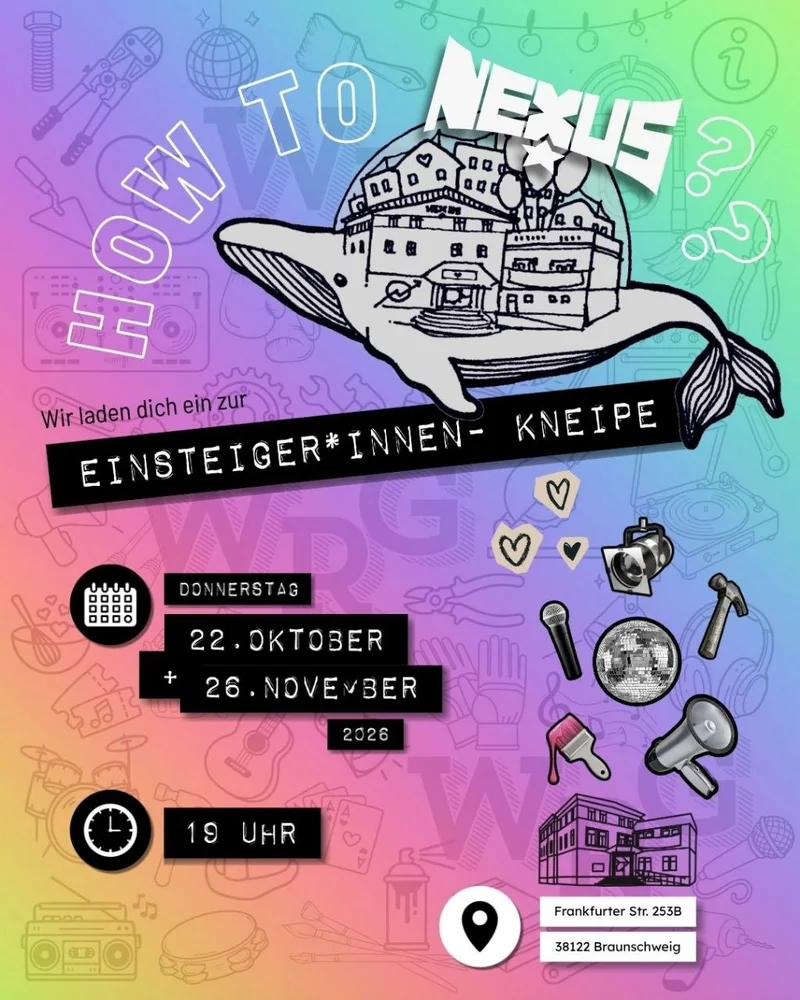 Poster, whale with building, 'HOW TO NEXUS', 'EINSTEIGER*INNEN- KNEIPE', 22 Oct & 26 Nov, 19 Uhr.
