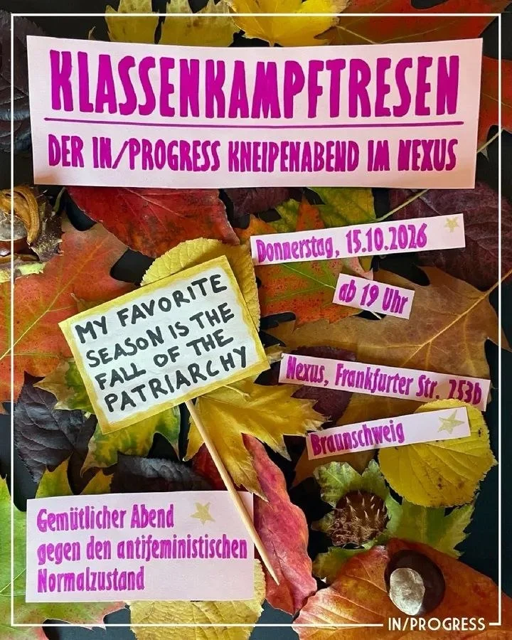 Autumn leaf collage with pink text 'Klassenkampftresen', 15.10.2026, 19, Frankfurter Str. 253b.