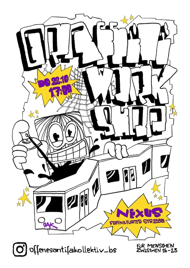 Black‑white flyer with graffiti character, yellow starburst 'DO 22.10 17:00', NEXUS address, Instagram handle and 'FÜR MENSCHEN ZWISCHEN 16-23'.
